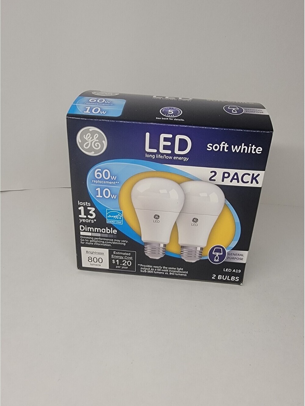 2 GE Lighting Dimmable LED Soft White Light Bulb 10-Watt 60 W replacement